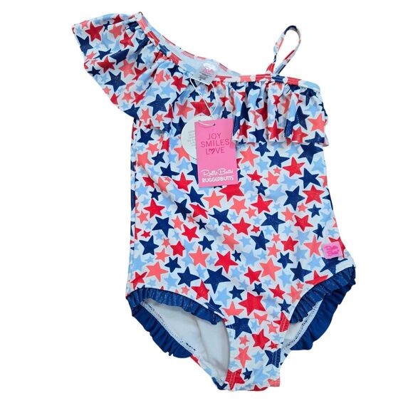NEW! RuffleButts Girls Sz 6 One Piece Swimsuit Shimmer Star Spangled 1 shoulder - Picture 1 of 7